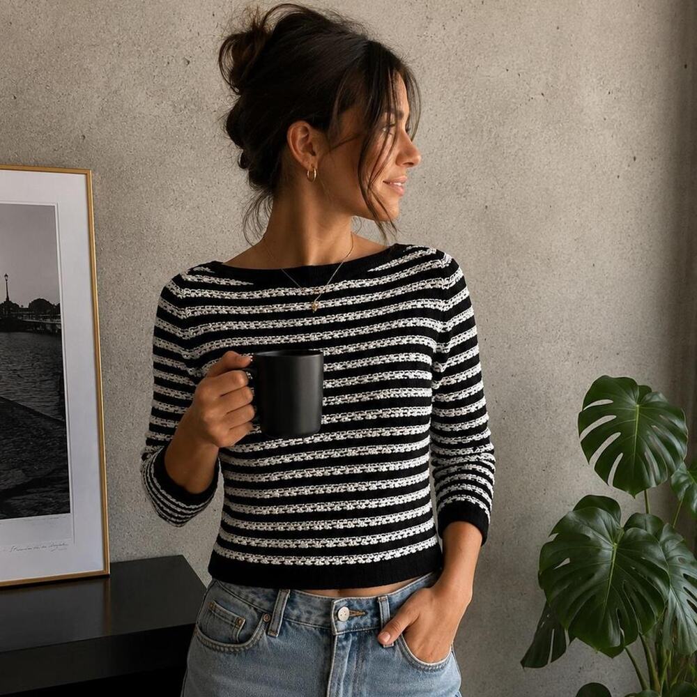 St. John Sport Black & White Striped Knit Sweater – Size Small